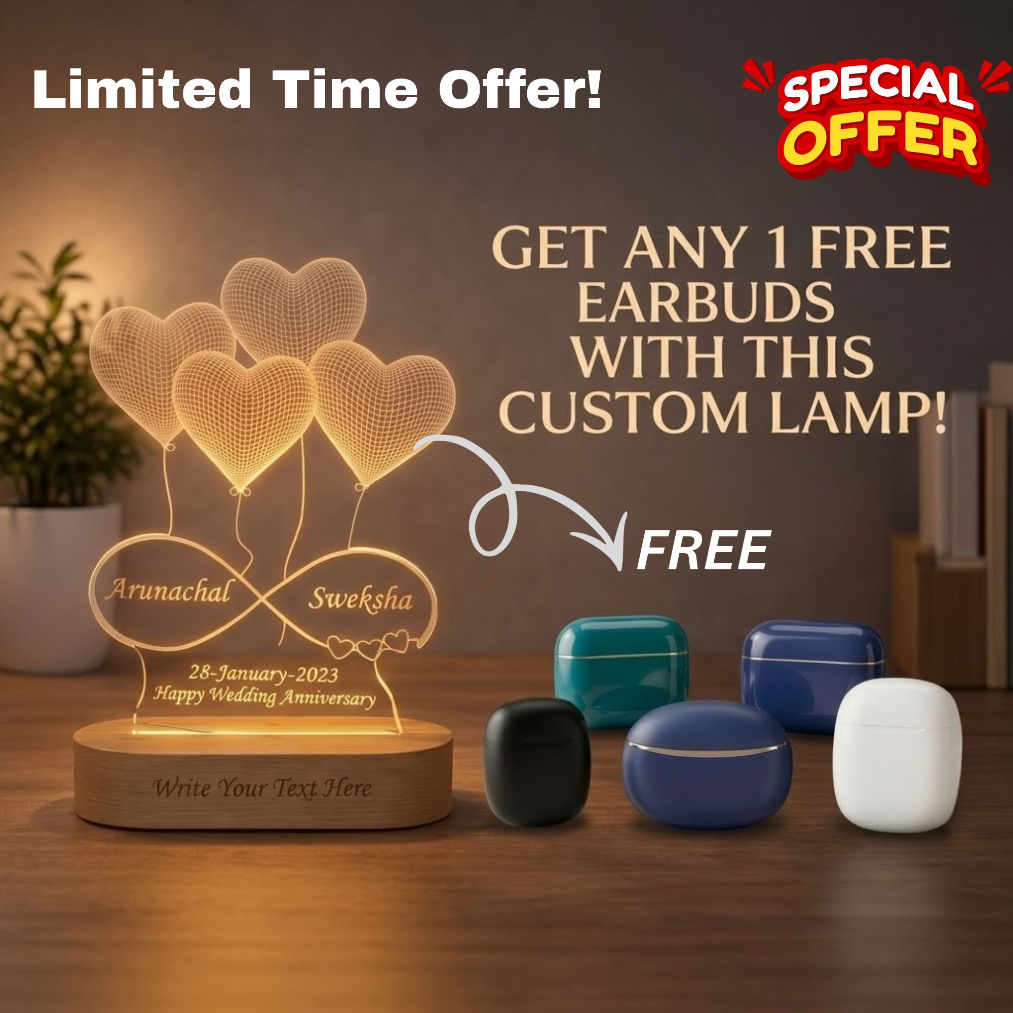 Shayona Gift Shop-Personalized 3D Heart Balloons & Infinity Symbol Acrylic LED Lamp – Custom Couple Names, Date & Wooden Base Engraved Night Light