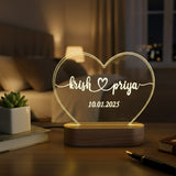 Shayona Gift Shop-Personalized Heart-Shaped Warm LED Night Light | Custom Couple Name & Special Date Engraved Acrylic Lamp with Wooden Base | Romantic Gift for Anniversary, Birthday & Valentine's Day