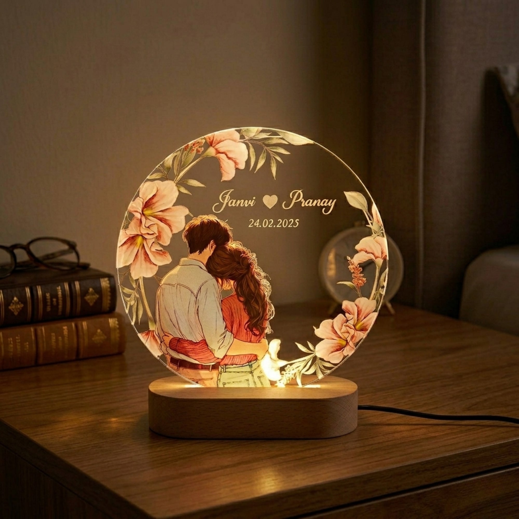 Shayona Gift Shop-Personalized LED Round Acrylic Lamp for Couple | Custom Name & Date | Romantic Gift with Wooden Base