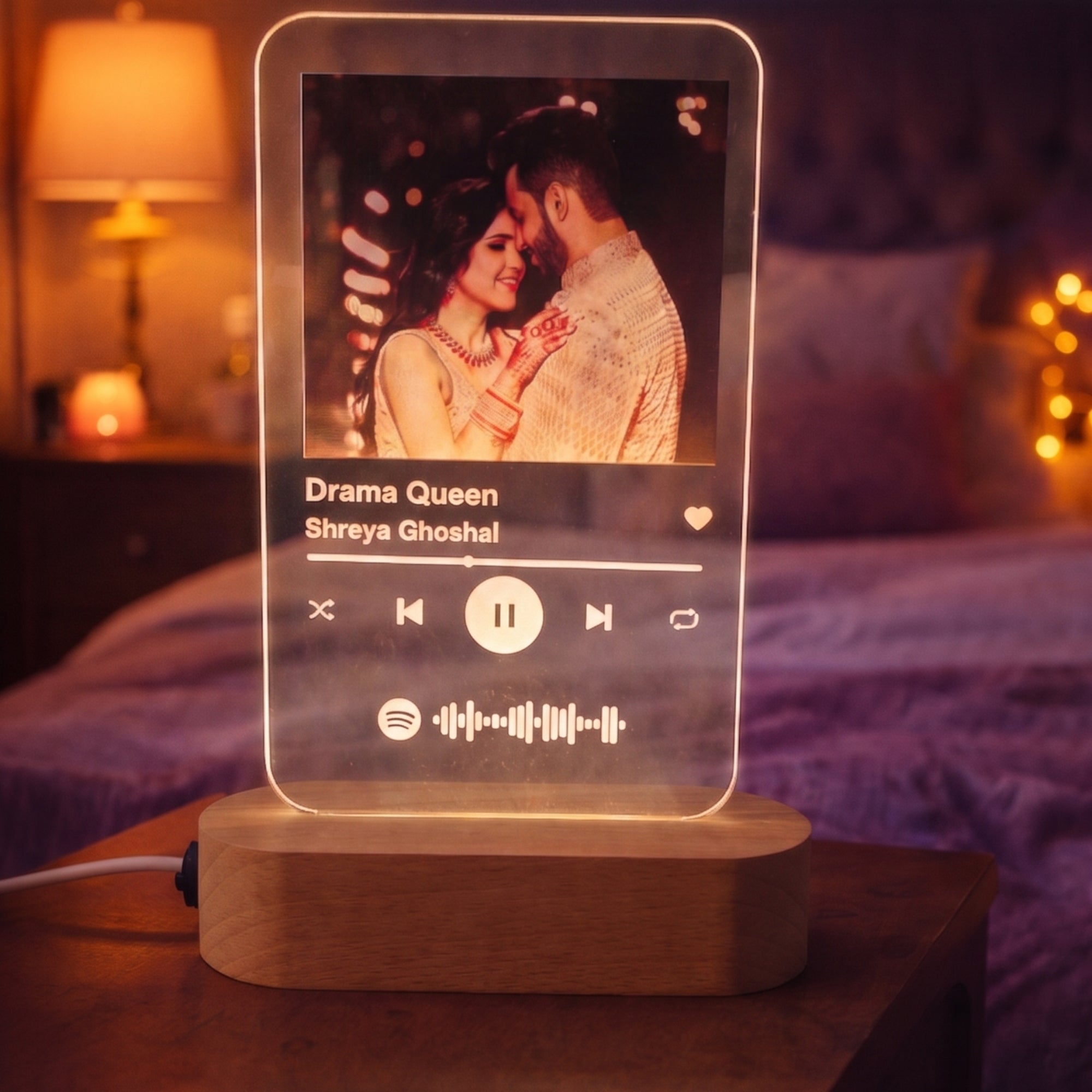 Shayona Gift Shop-Personalized Photo Spotify Plaque Acrylic Night Light with Wooden LED Base – Custom Song Scannable Code Light Frame for Couples, Birthday, Anniversary & Valentine's Gift