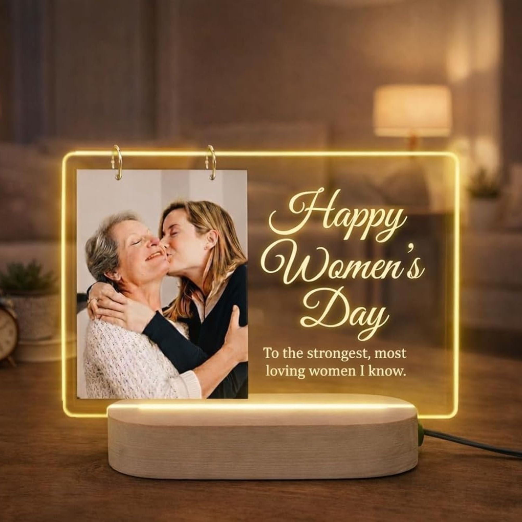 Shayona Gift Shop Happy Women’s Day Personalized Photo LED Lamp – Custom Acrylic Night Light with Wooden Base, Warm White Table Lamp Gift for Mom, Wife, Sister, Girlfriend