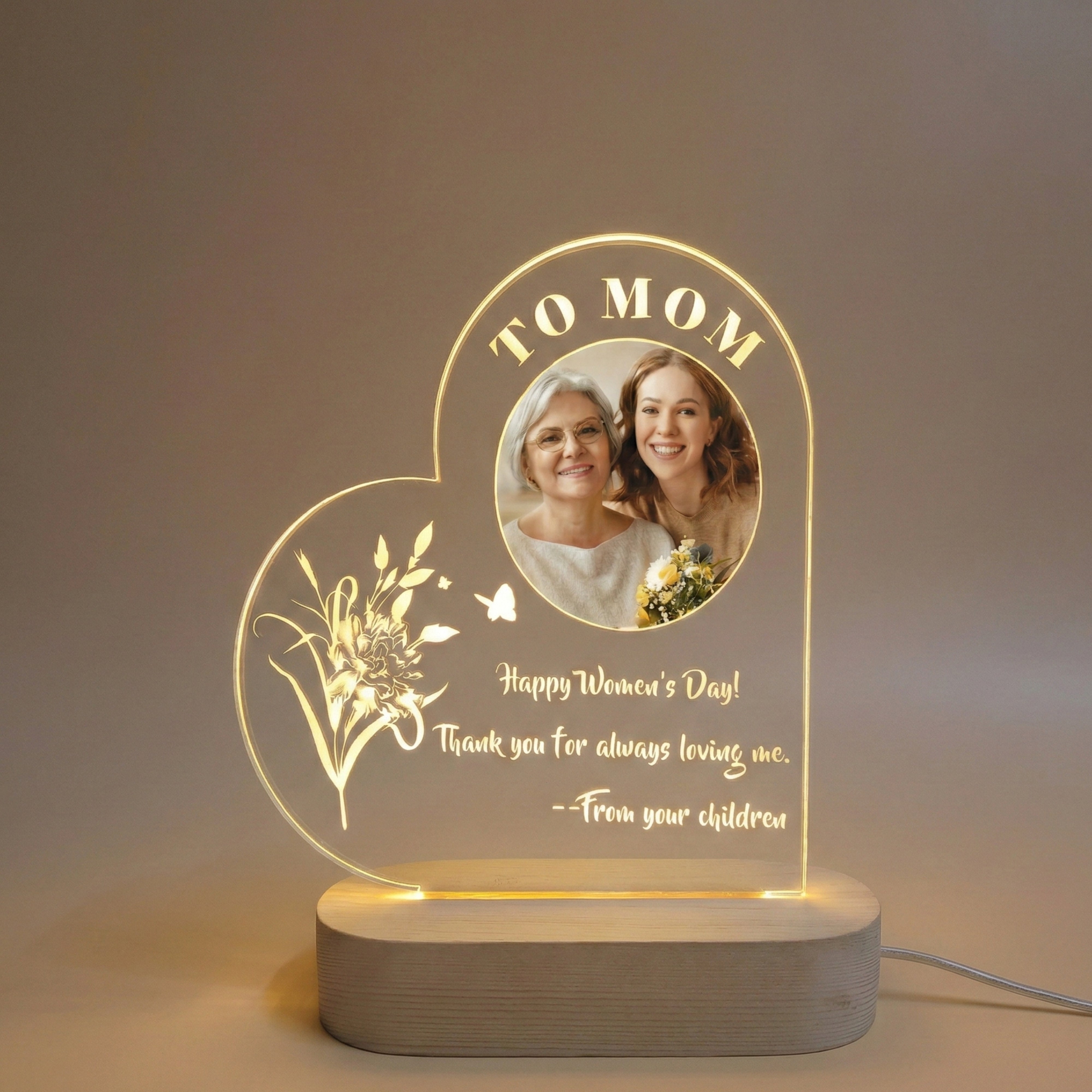 Shayona Gift Shop Personalized Heart Acrylic LED Photo Lamp “To Mom” Custom Message Night Light Gift for Mother’s Day or Women’s Day happy birthay,. women day, specila gift for mother daughter customized product
