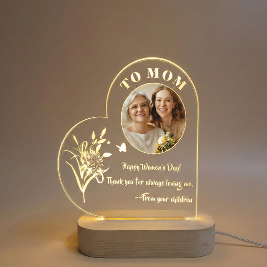 Shayona Gift Shop Personalized Heart Acrylic LED Photo Lamp “To Mom” Custom Message Night Light Gift for Mother’s Day or Women’s Day happy birthay,. women day, specila gift for mother daughter customized product