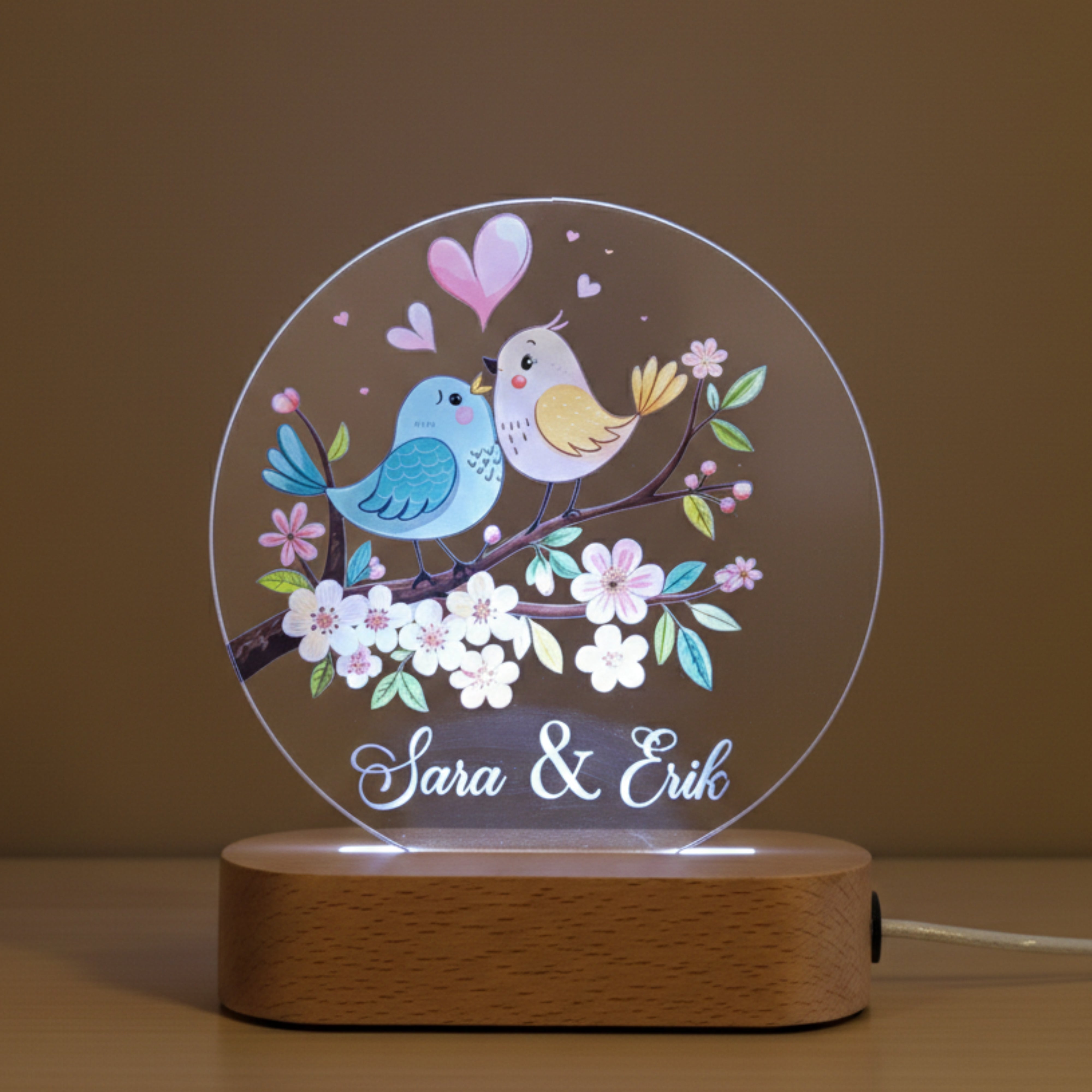 Shayona Gift Shop- Personalized LED Acrylic Night Lamp with Love Birds Design | Custom Names Gift for Couples, Anniversary, Valentine's Day
