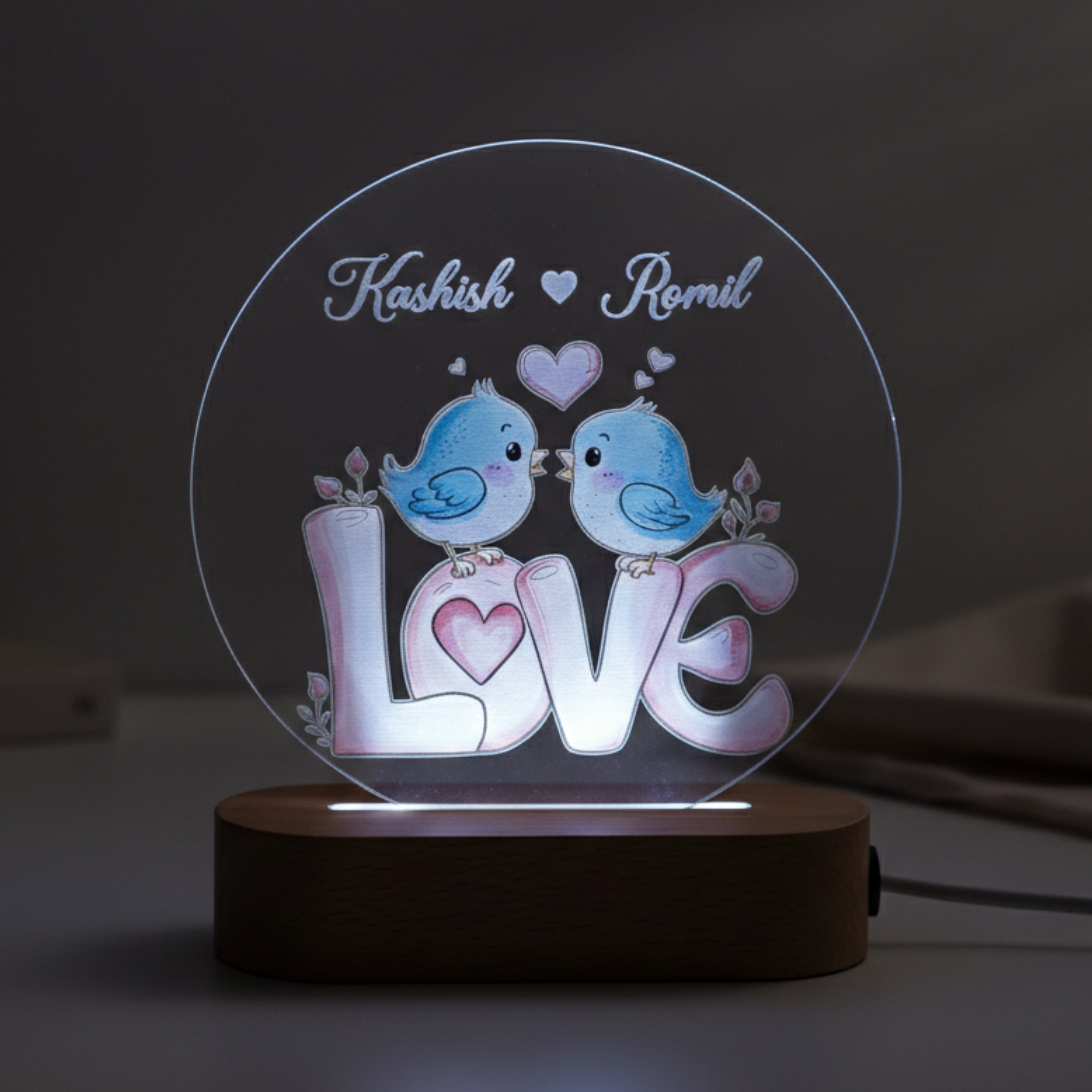 Shayona Gift Shop-Personalized Love Bird LED Lamp | Custom Couple Name Acrylic Light | Romantic Gift with Wooden Base