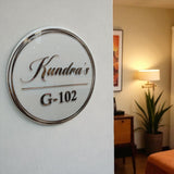 Shayona Customized Round White Acrylic Name Plate with 3D Silver Letters & Chrome Border for Home/Flat