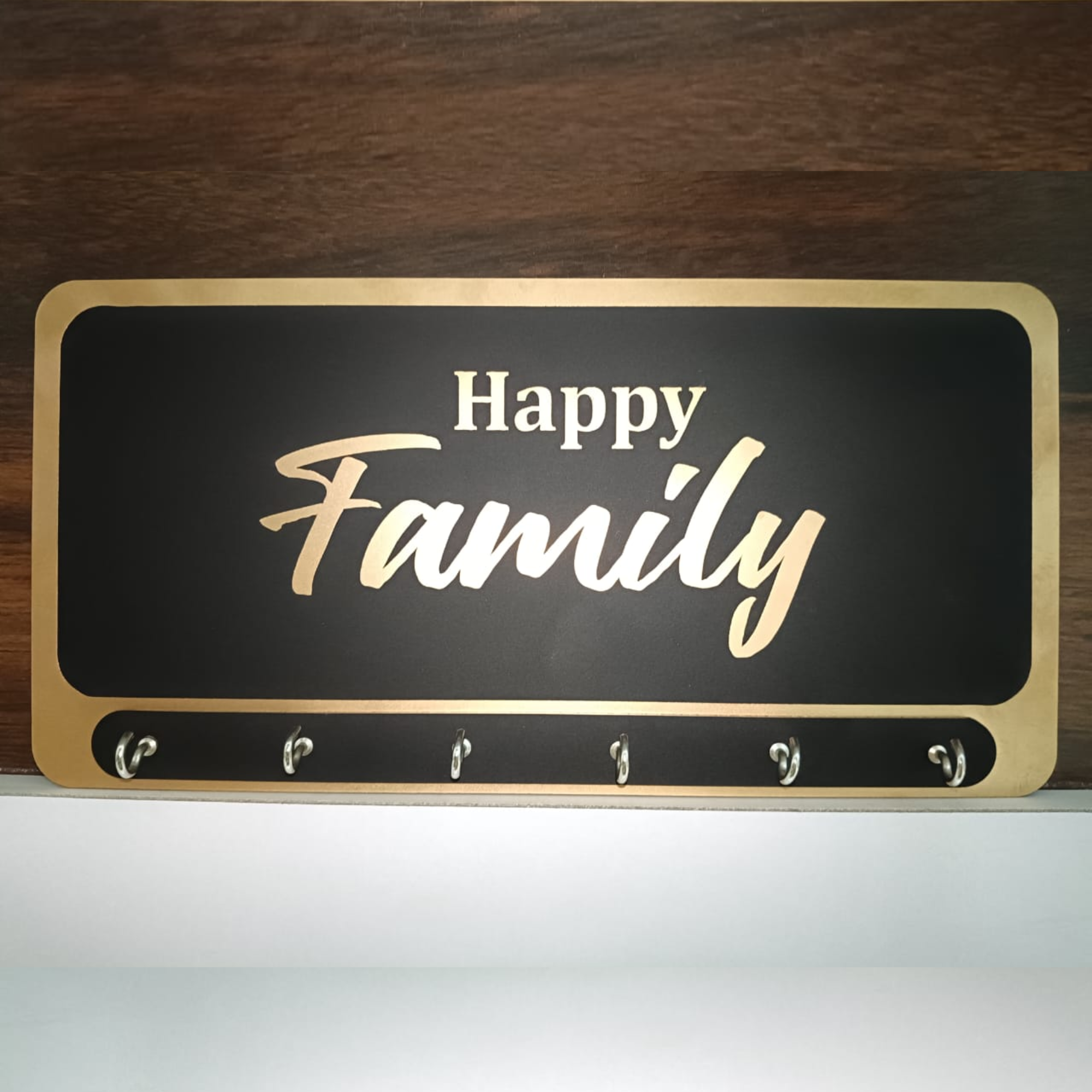 Shayona Happy Family Wooden Name Plate with Key Holder – 6 Hooks Wall Mounted Organizer for Home Entrance, Living Room & Office Décor"