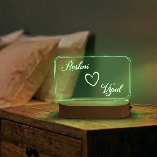 Shayona Gift Shop-Personalized Name Couples LED Acrylic Night Light – Custom Engraved Heart Lamp with Wooden Base, Romantic Anniversary, Wedding & Valentine’s Day Gift