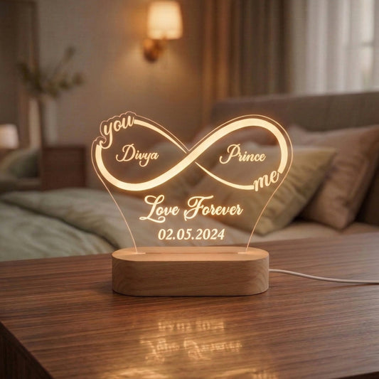 Shayona Gift Shop-Personalized Infinity Love Acrylic LED Night Light – Custom Engraved Name & Date Couple Lamp with Wooden Base, Anniversary, Wedding & Valentine’s Day Gift