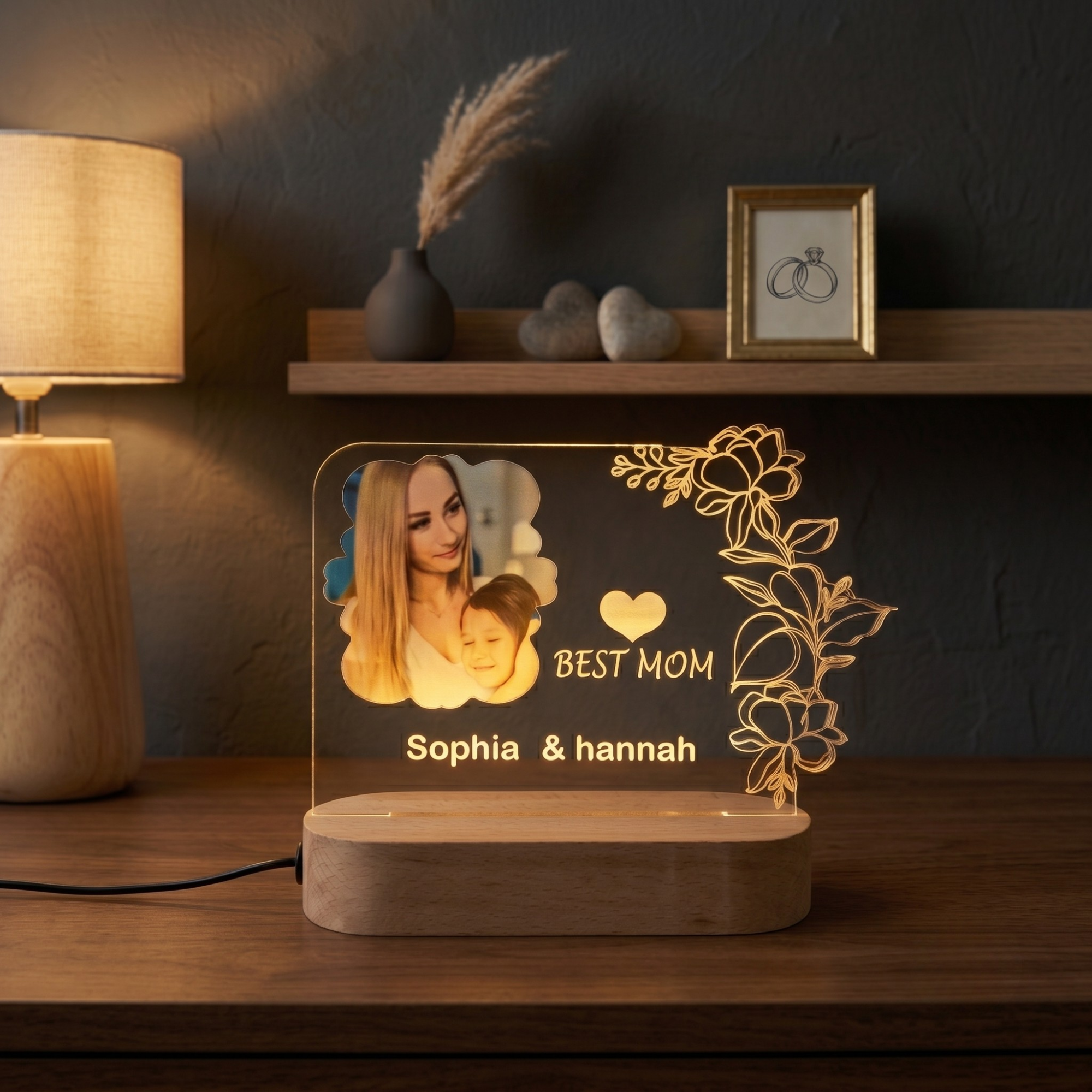 Shayona Gift Shop-Personalized "Best Mom" Acrylic LED Night Light | Custom Photo Plaque with Names & Floral Design | Mother's Day Gift
