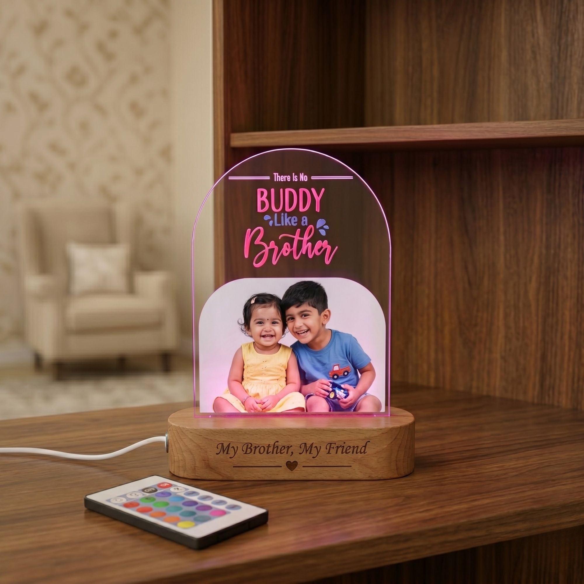 SHAYONA Raksha Bandhan Personalized 3D Illusion Digital UV Photo LED Night Lamp, Rakhi Gift for Brother, bhaibeej, Sister or Siblings - Multicolor with Remote Control 28x18 cm