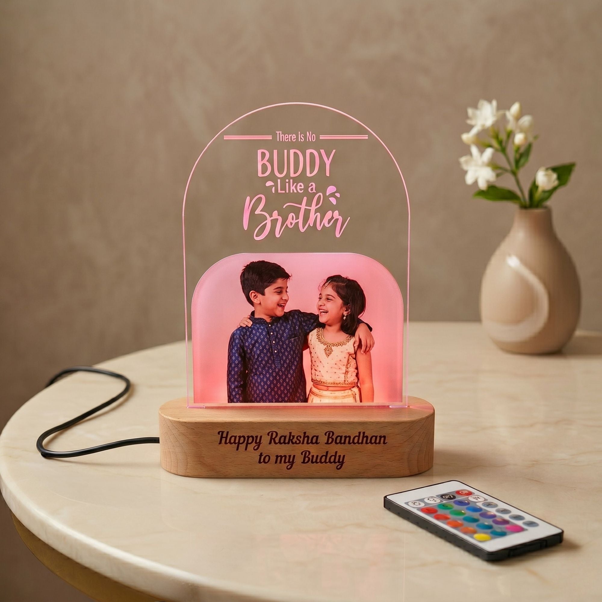SHAYONA Raksha Bandhan Personalized 3D Illusion Digital UV Photo LED Night Lamp, Rakhi Gift for Brother, bhaibeej, Sister or Siblings - Multicolor with Remote Control 28x18 cm