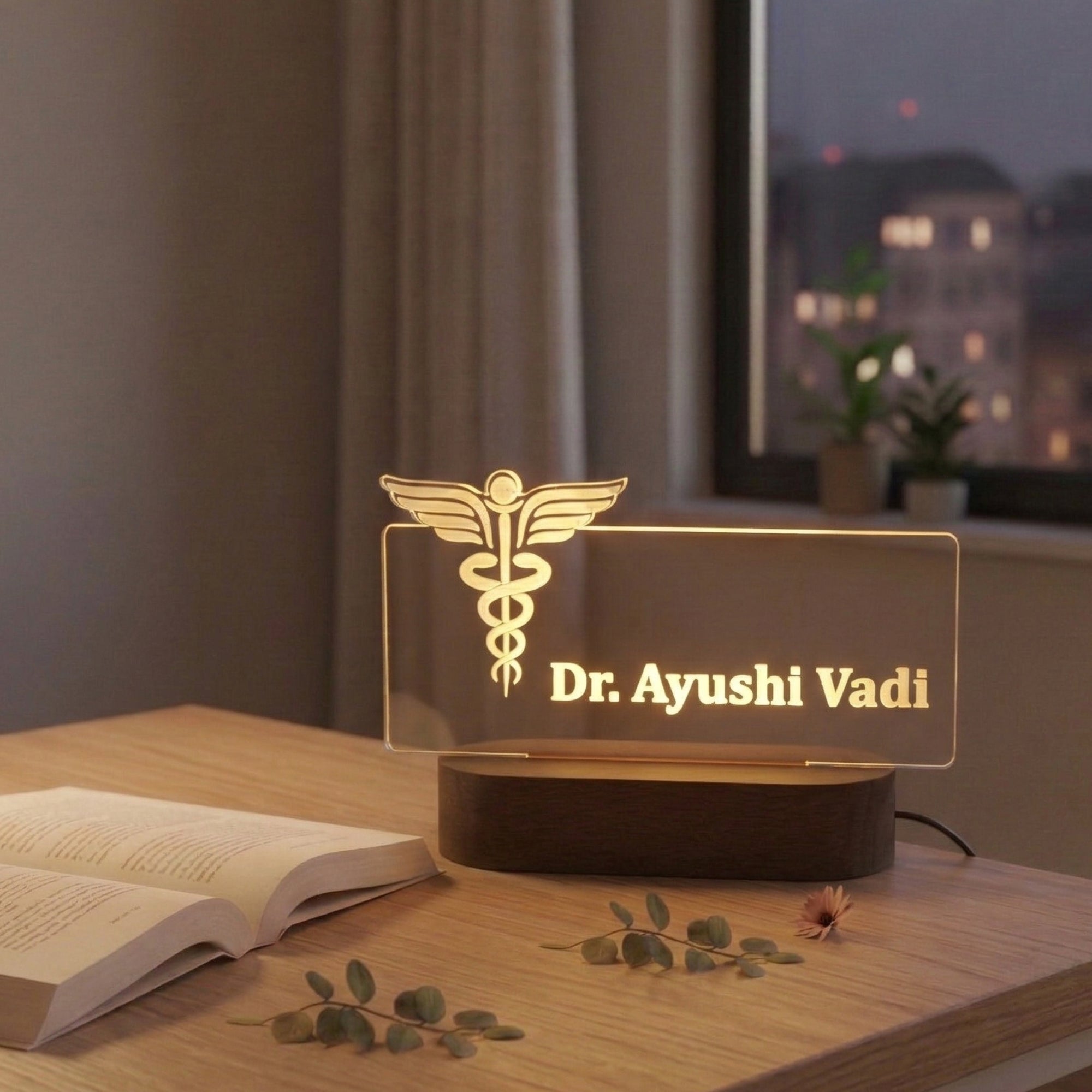 Shayona Gift Shop- Personalized Doctor LED Lamp with Custom Name Engraving on Wooden Base – Ideal Gift for Medical Professionals