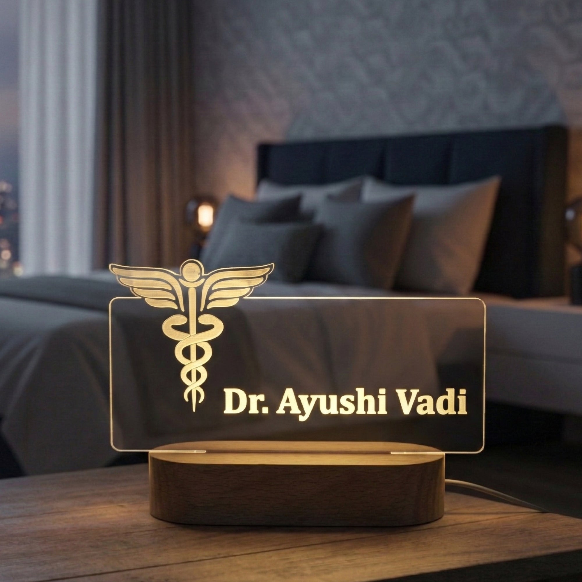 Shayona Gift Shop- Personalized Doctor LED Lamp with Custom Name Engraving on Wooden Base – Ideal Gift for Medical Professionals