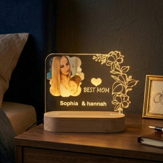Shayona Gift Shop-Personalized "Best Mom" Acrylic LED Night Light | Custom Photo Plaque with Names & Floral Design | Mother's Day Gift