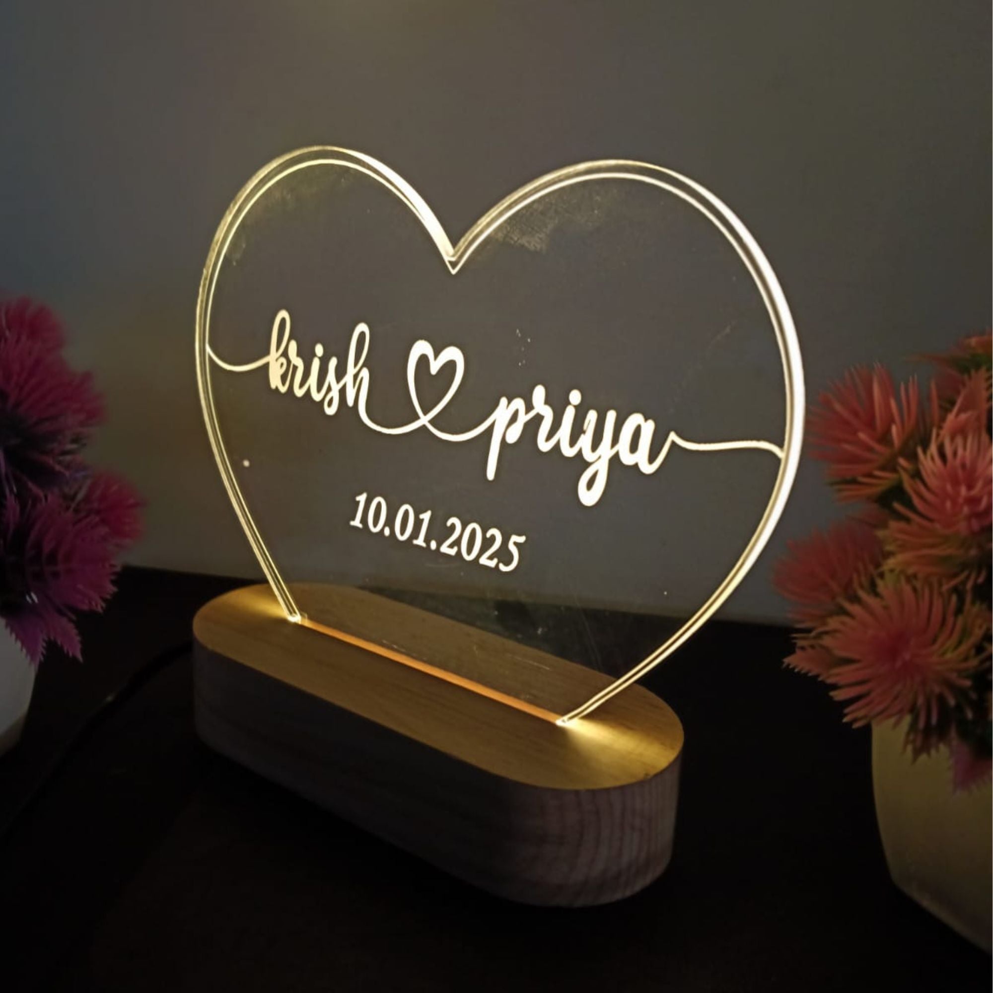 Shayona Gift Shop-Personalized Heart-Shaped Warm LED Night Light | Custom Couple Name & Special Date Engraved Acrylic Lamp with Wooden Base | Romantic Gift for Anniversary, Birthday & Valentine's Day