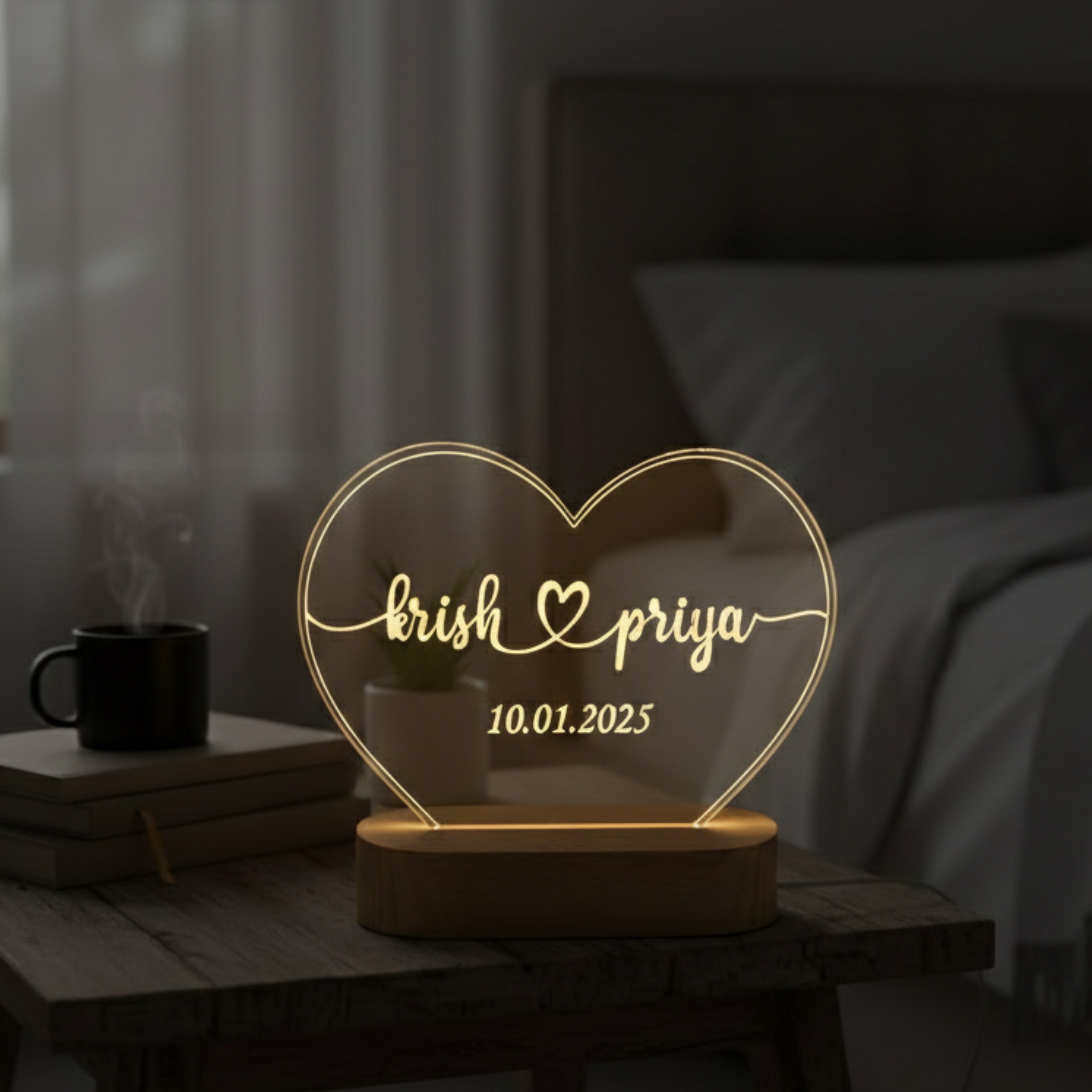 Shayona Gift Shop-Personalized Heart-Shaped Warm LED Night Light | Custom Couple Name & Special Date Engraved Acrylic Lamp with Wooden Base | Romantic Gift for Anniversary, Birthday & Valentine's Day