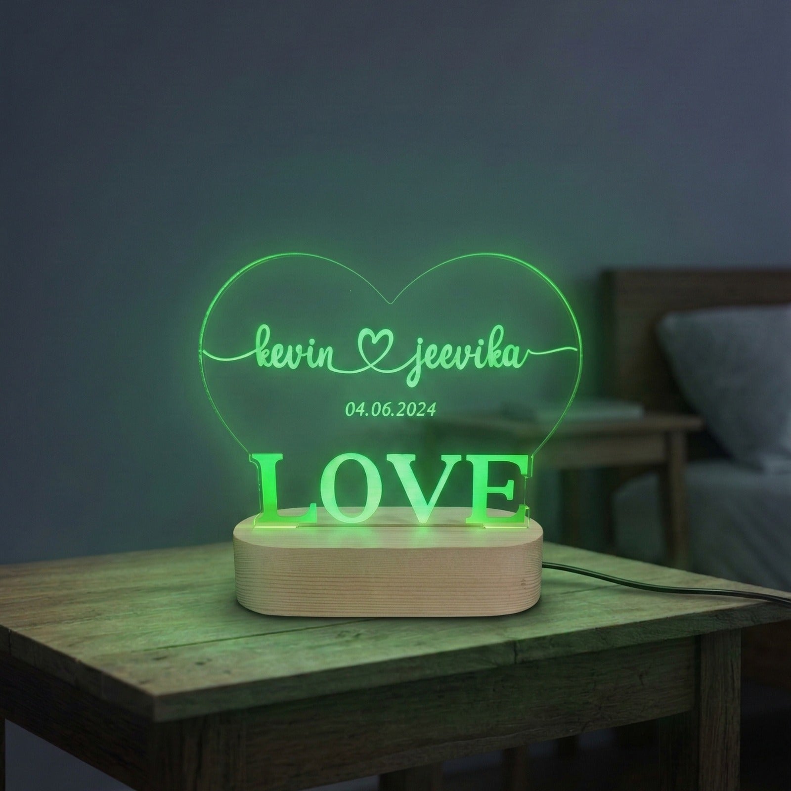 Shayona Gift Shop-Personalized Heart LOVE Couple LED Acrylic Night Light – Custom Engraved Name & Date Glowing Lamp with Wooden Base, Romantic Anniversary, Wedding & Valentine’s Day Gift