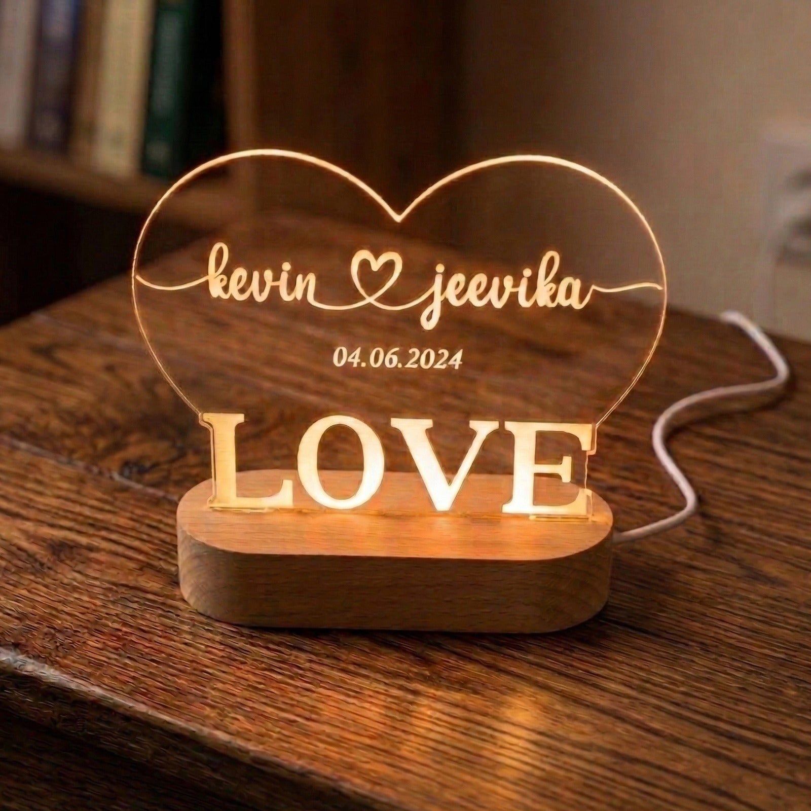 Shayona Gift Shop-Personalized Heart LOVE Couple LED Acrylic Night Light – Custom Engraved Name & Date Glowing Lamp with Wooden Base, Romantic Anniversary, Wedding & Valentine’s Day Gift