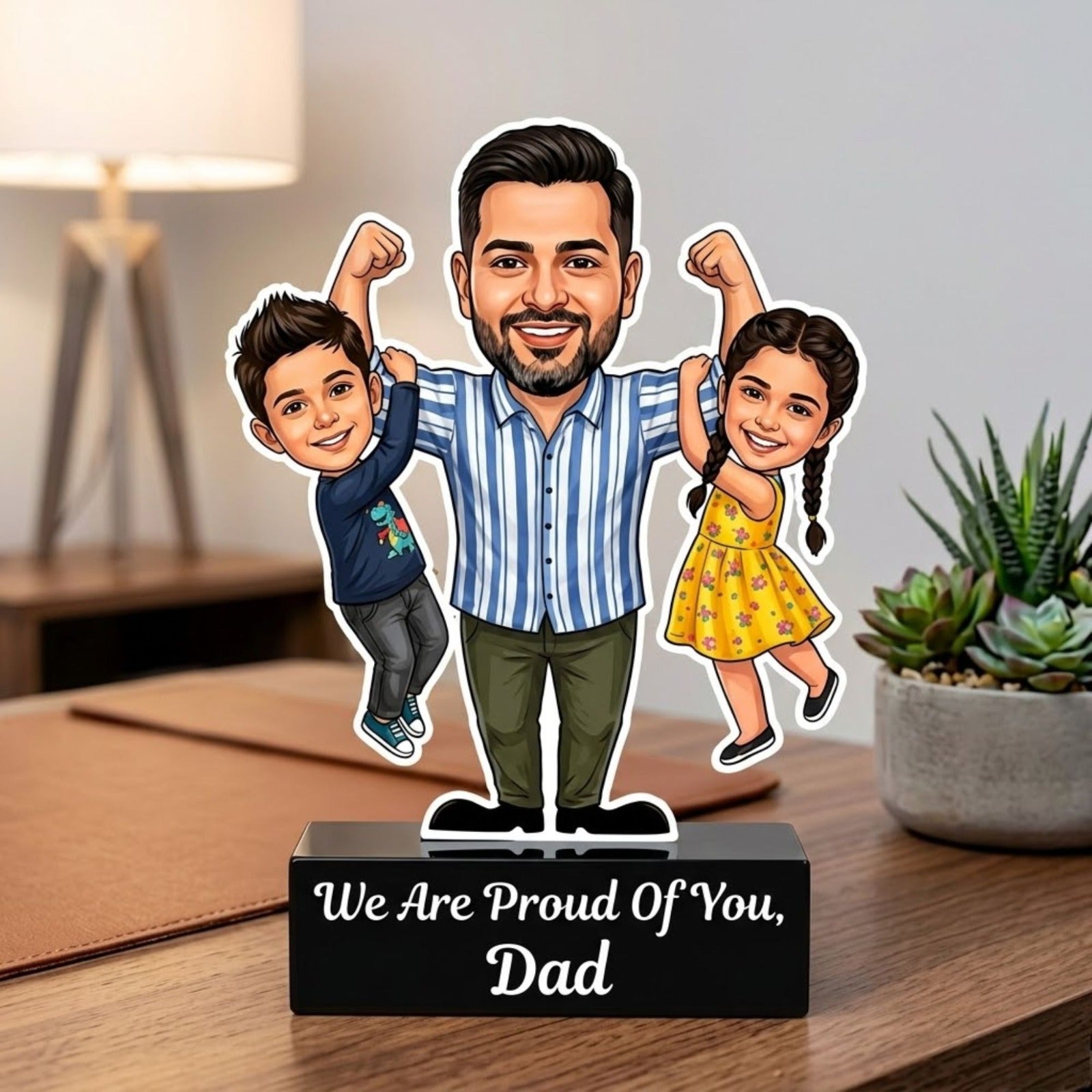 Shayona Gift Ship-Personalized Superhero Dad Caricature Stand | Custom Father’s Day Gift from Daughter and Son | 3D Custom Portrait Acrylic Trophy Table Decor for Office and Home