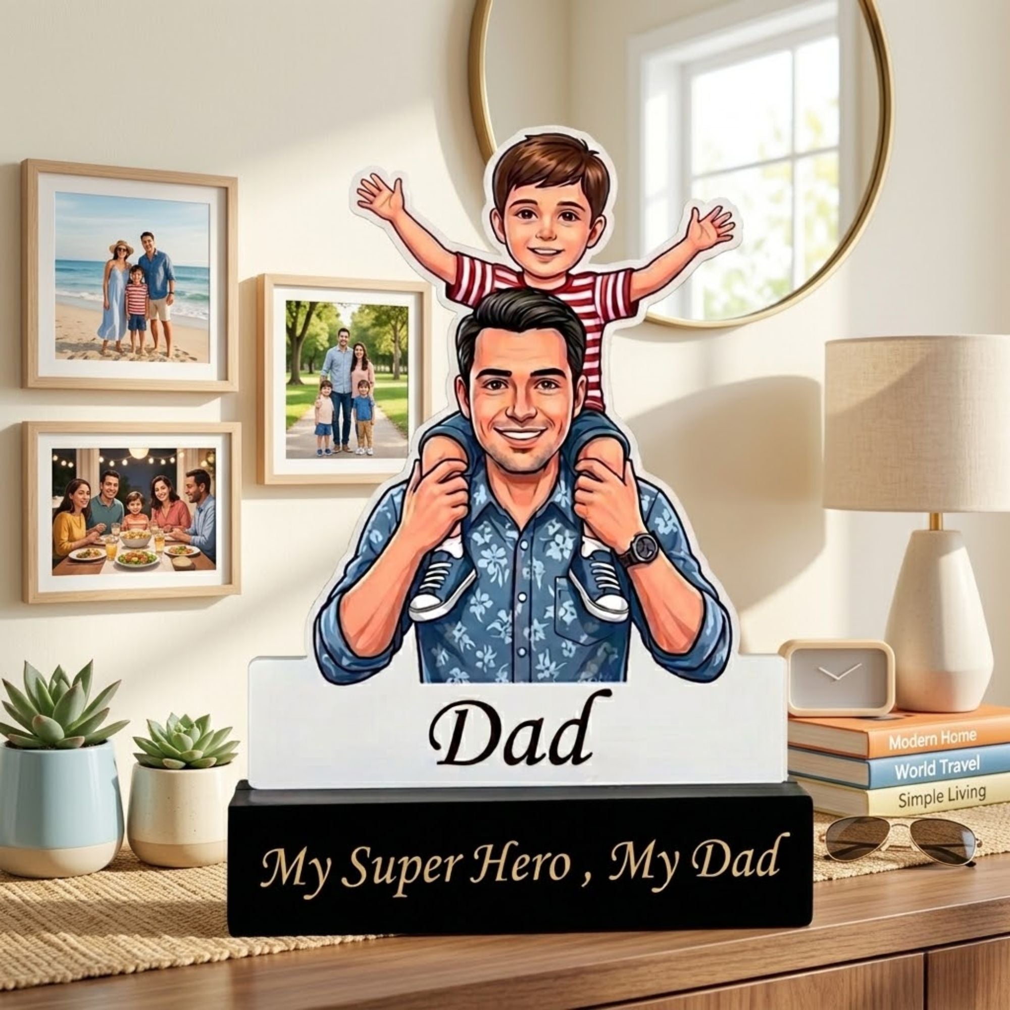 Shyona Gift Shop-Custom Father’s Day Cartoon Portrait Acrylic Plaque – Personalized Dad and Son Keepsake Trophy with Engraved Base, "My Father Is My Backbone" Unique Gift for Dad, Birthday & Anniversary Desk Decor