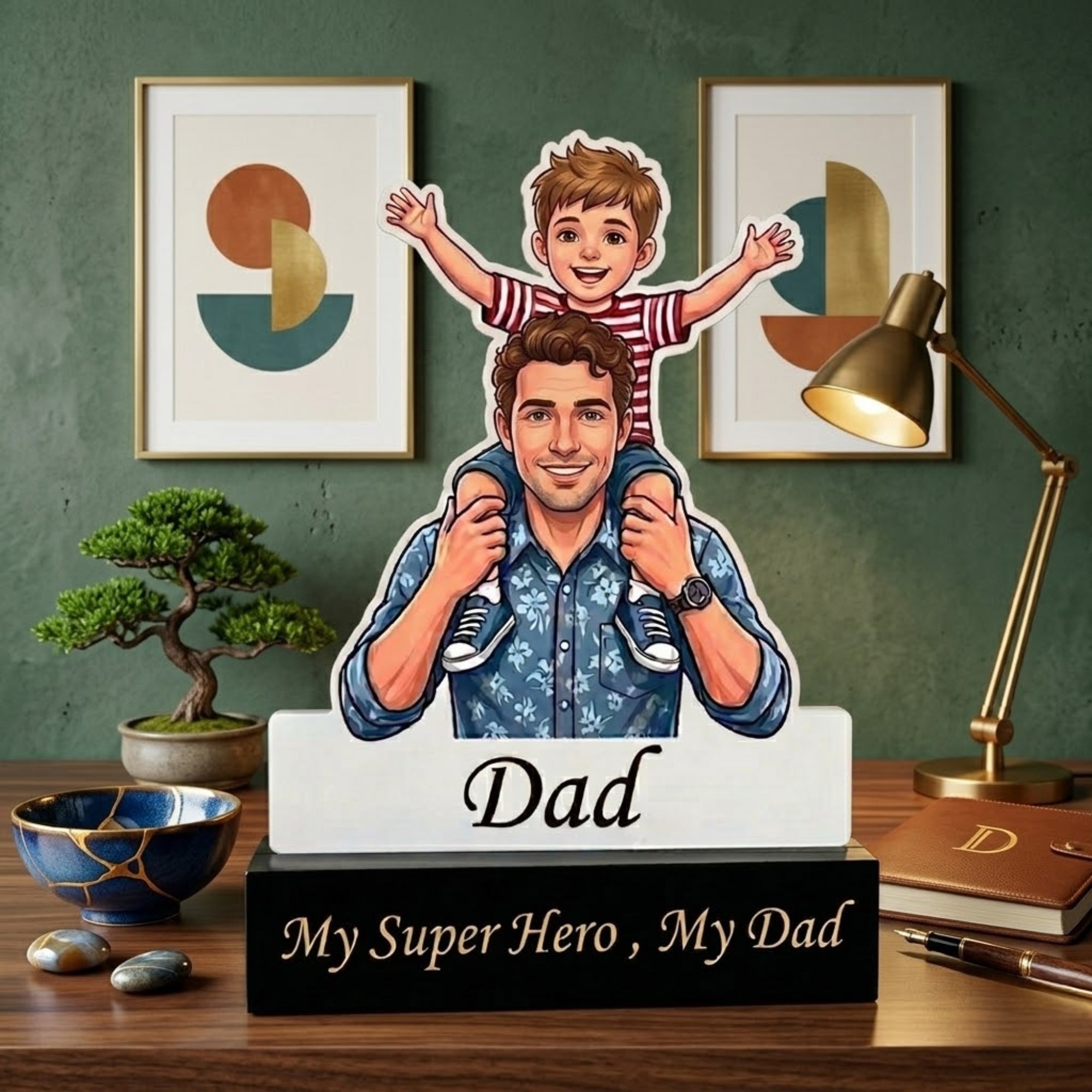 Shyona Gift Shop-Custom Father’s Day Cartoon Portrait Acrylic Plaque – Personalized Dad and Son Keepsake Trophy with Engraved Base, "My Father Is My Backbone" Unique Gift for Dad, Birthday & Anniversary Desk Decor