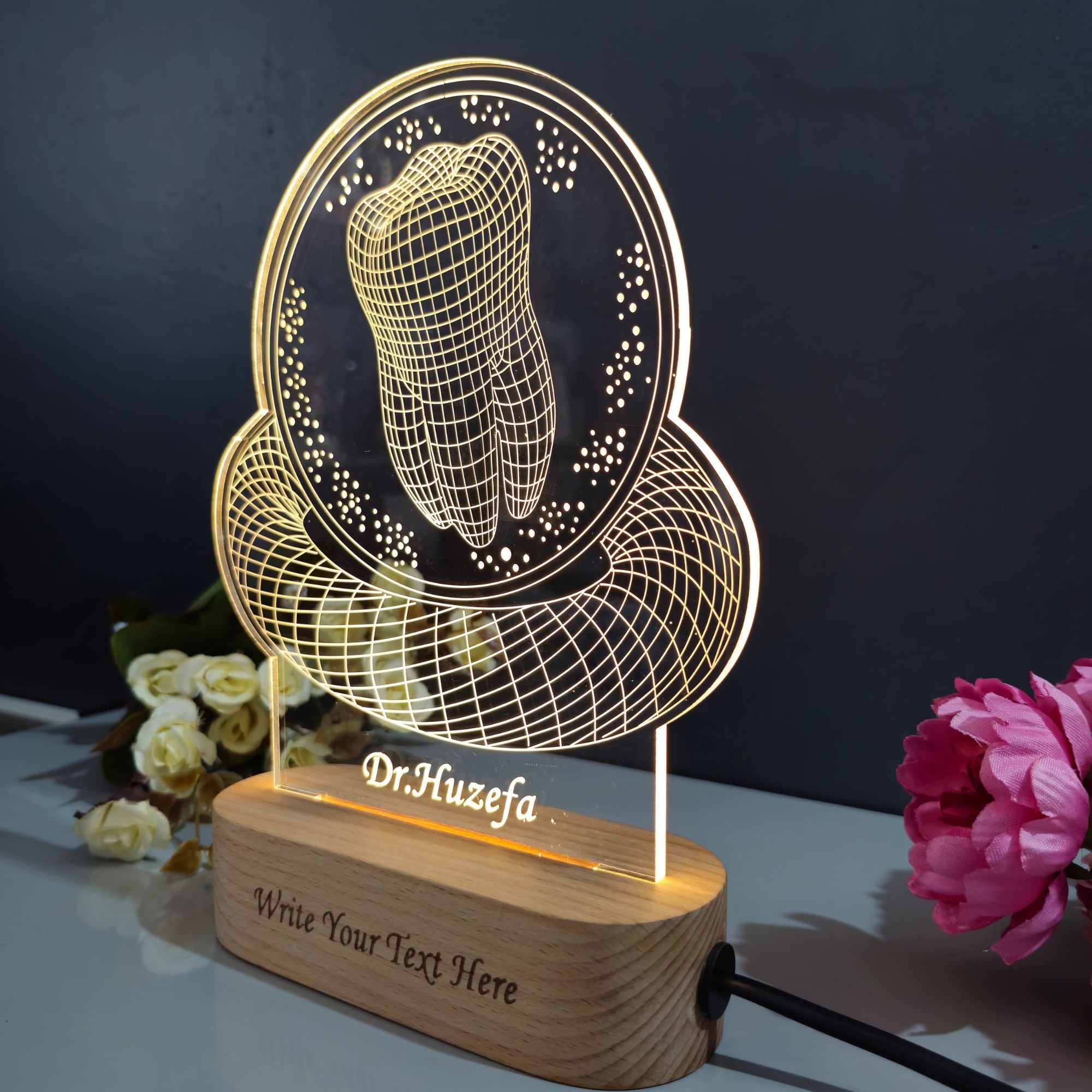 Shayona Gift Shop-Personalized Dentist Tooth Emblem 3D Acrylic LED Night Light | Custom Doctor Name Engraved Desk Lamp with Wooden Base | Professional Gift for Dentists, Dental Surgeons & Students