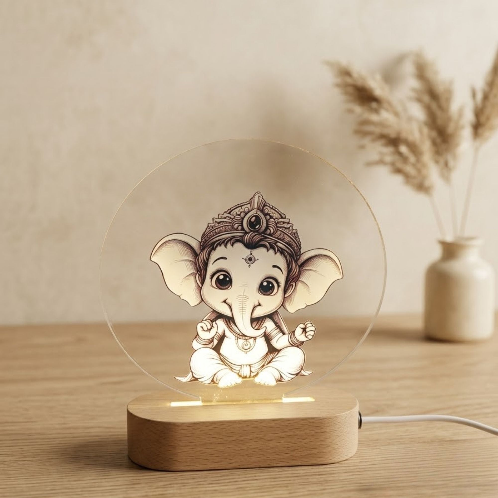 Shayona Gift Shop--3D Illusion Baby Ganesha LED Night Light with Wooden Base