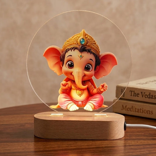 Shayona Gift Shop Adorable Colorful Baby  Ganpati Bappa 3D Acrylic LED Lamp with Wooden Base – Divine Bedside Decor & Spiritual Gift