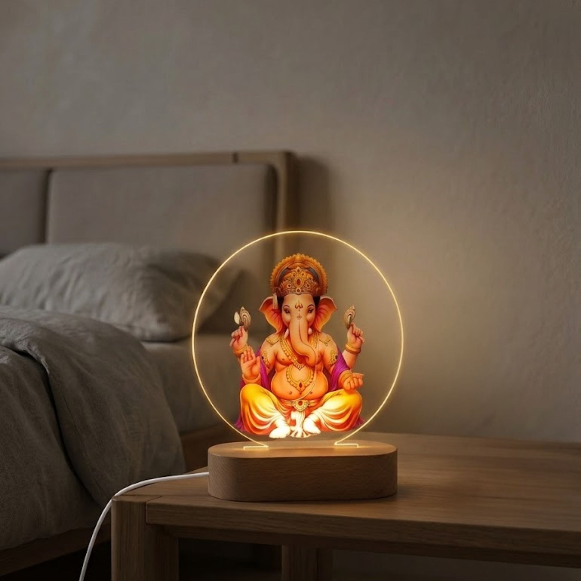 Divine Lord Ganesha 3D Illusion LED Lamp | Colorful Acrylic Night Light with Wooden Base