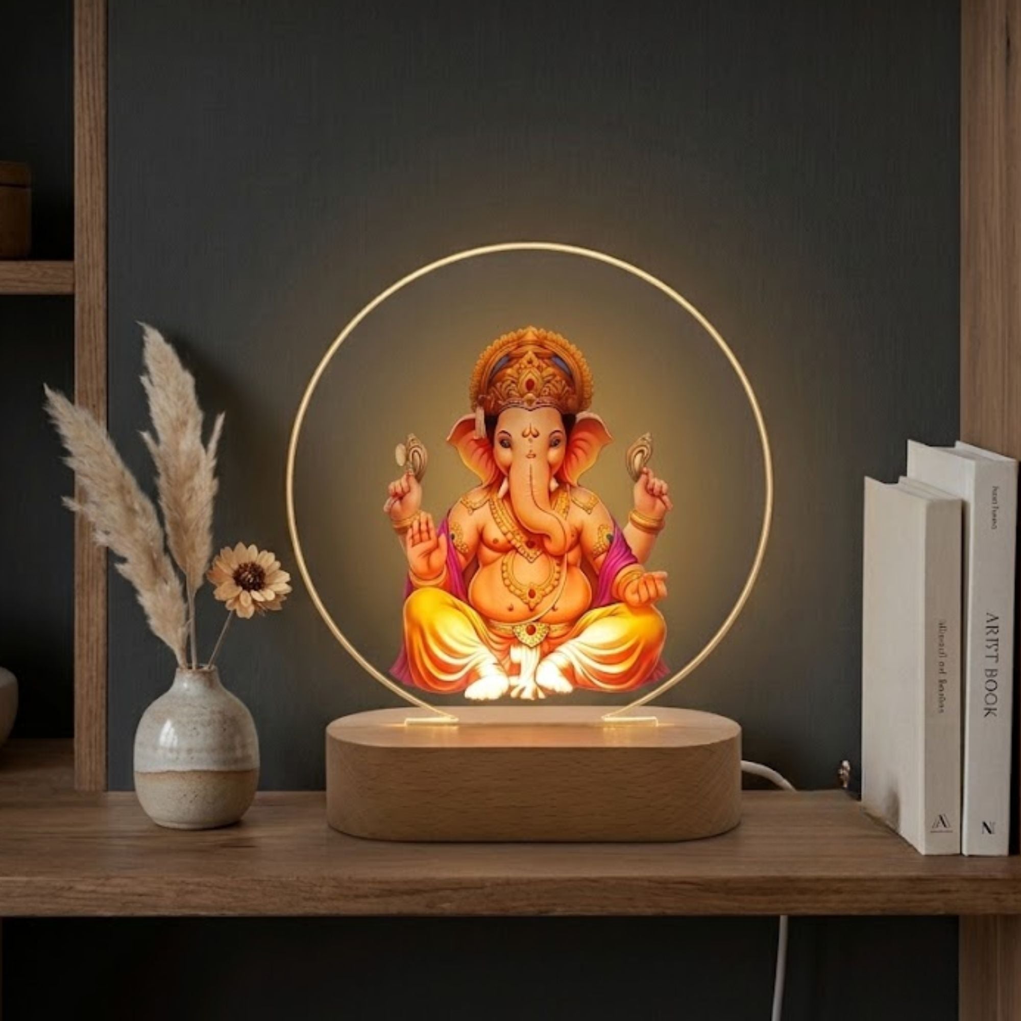 Divine Lord Ganesha 3D Illusion LED Lamp | Colorful Acrylic Night Light with Wooden Base