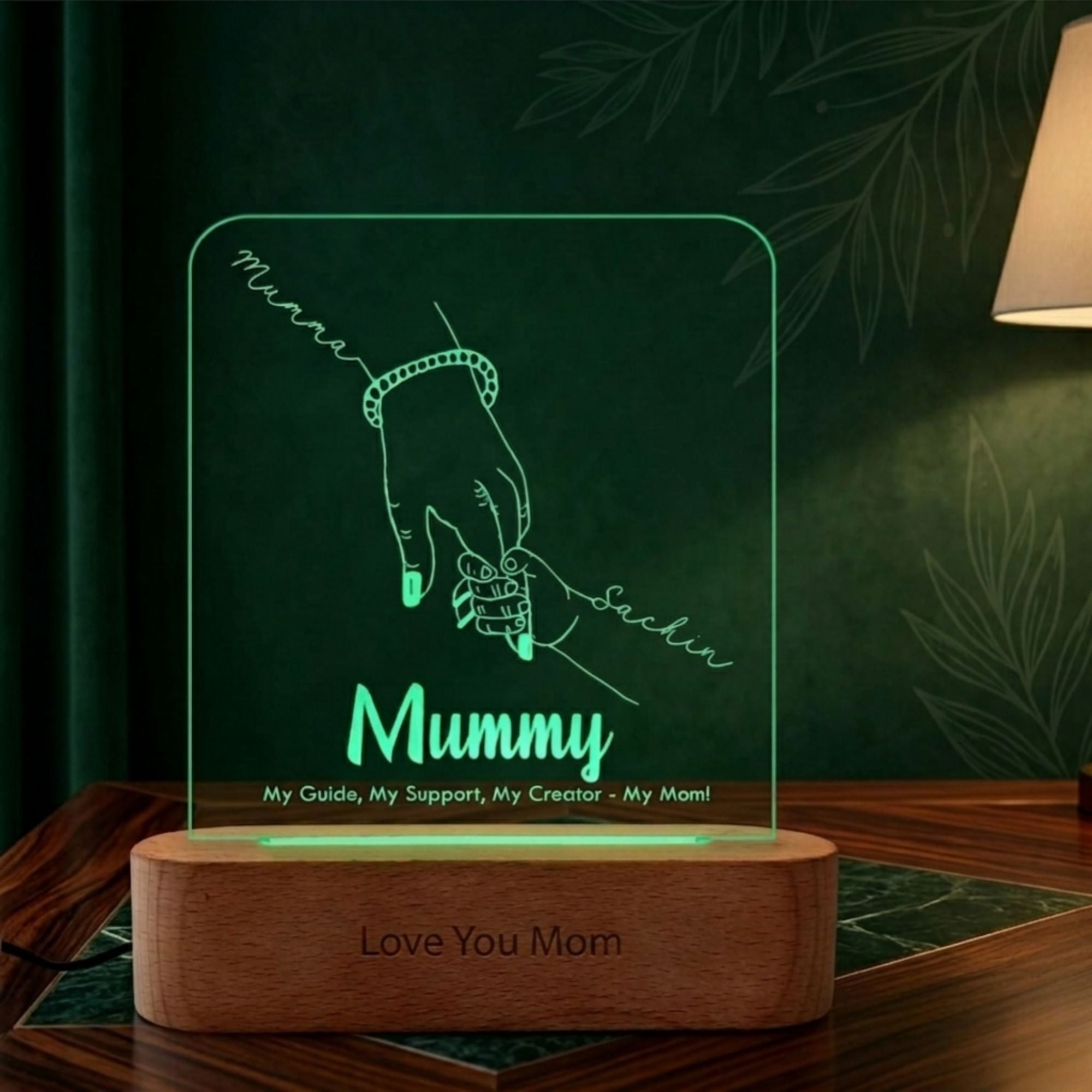 Shayona Gift Shop-Personalized LED Acrylic Night Light for Mom – “Mummy” Engraved Lamp with Hand-Holding Design, Wooden Base Night Lamp, Unique Mother’s Day Gift, Birthday Gift for Mom, Decorative Bedside Light, “Love You Mom” Keepsake Lamp