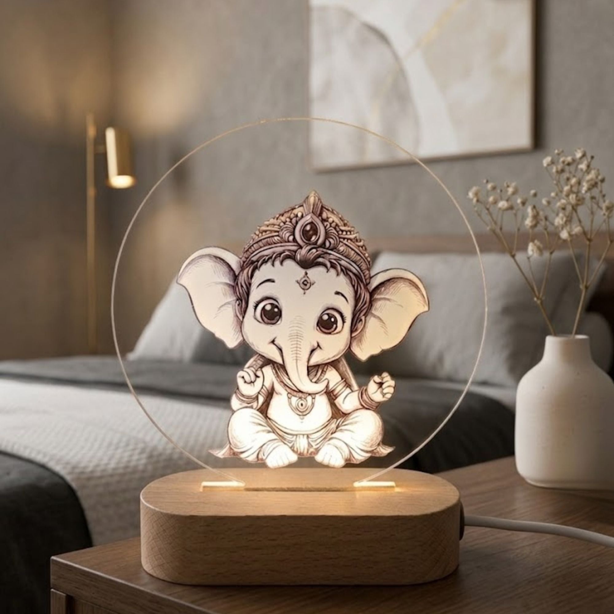 Shayona Gift Shop--3D Illusion Baby Ganesha LED Night Light with Wooden Base