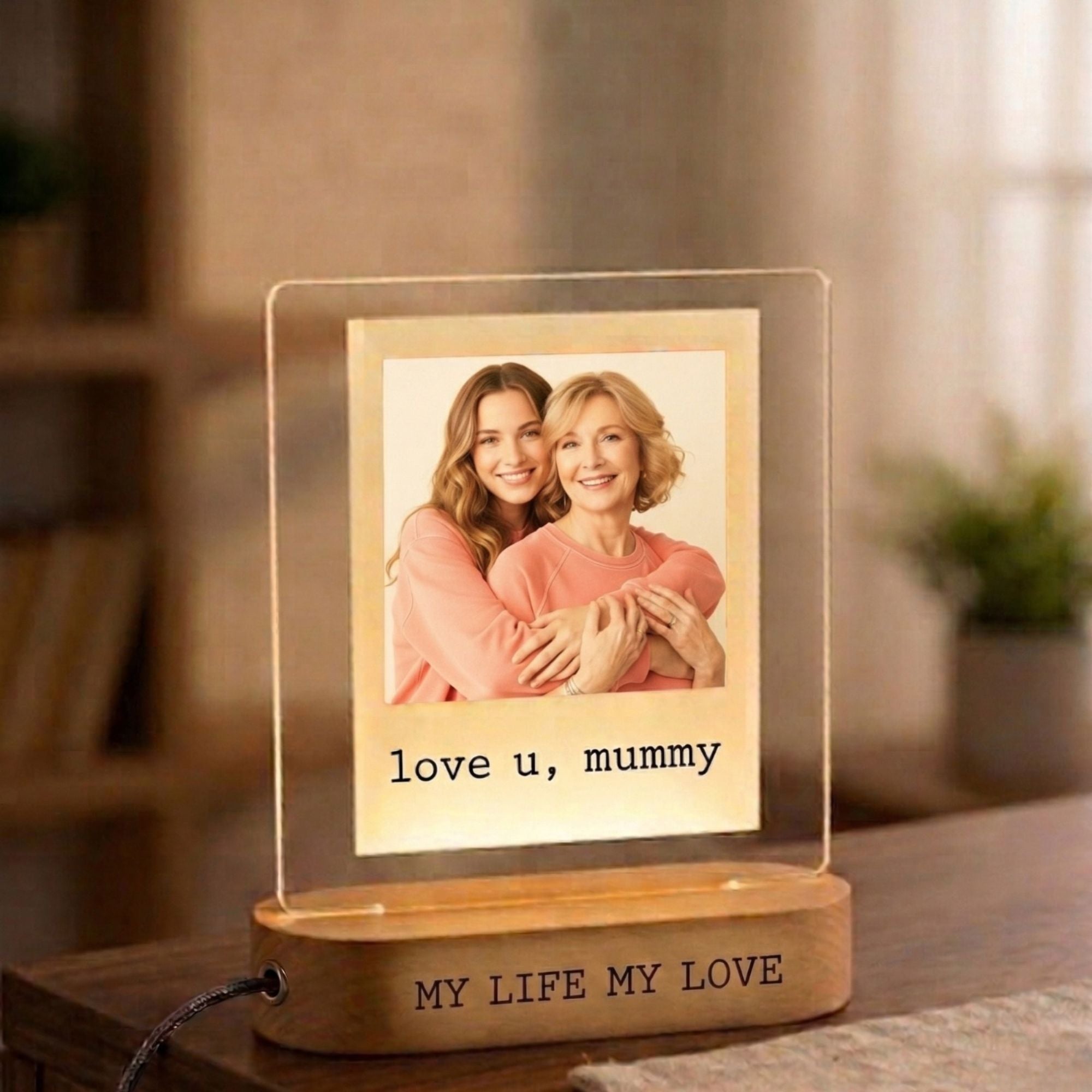Shayona Gift Shop Personalized Photo LED Night Light for Mom – Custom Acrylic Lamp with Picture and Text, “Love You Mommy” Engraved Design, Wooden Base Bedside Lamp, Unique Mother’s Day Birthday Gift from Daughter or Son, Home Bedroom Decor