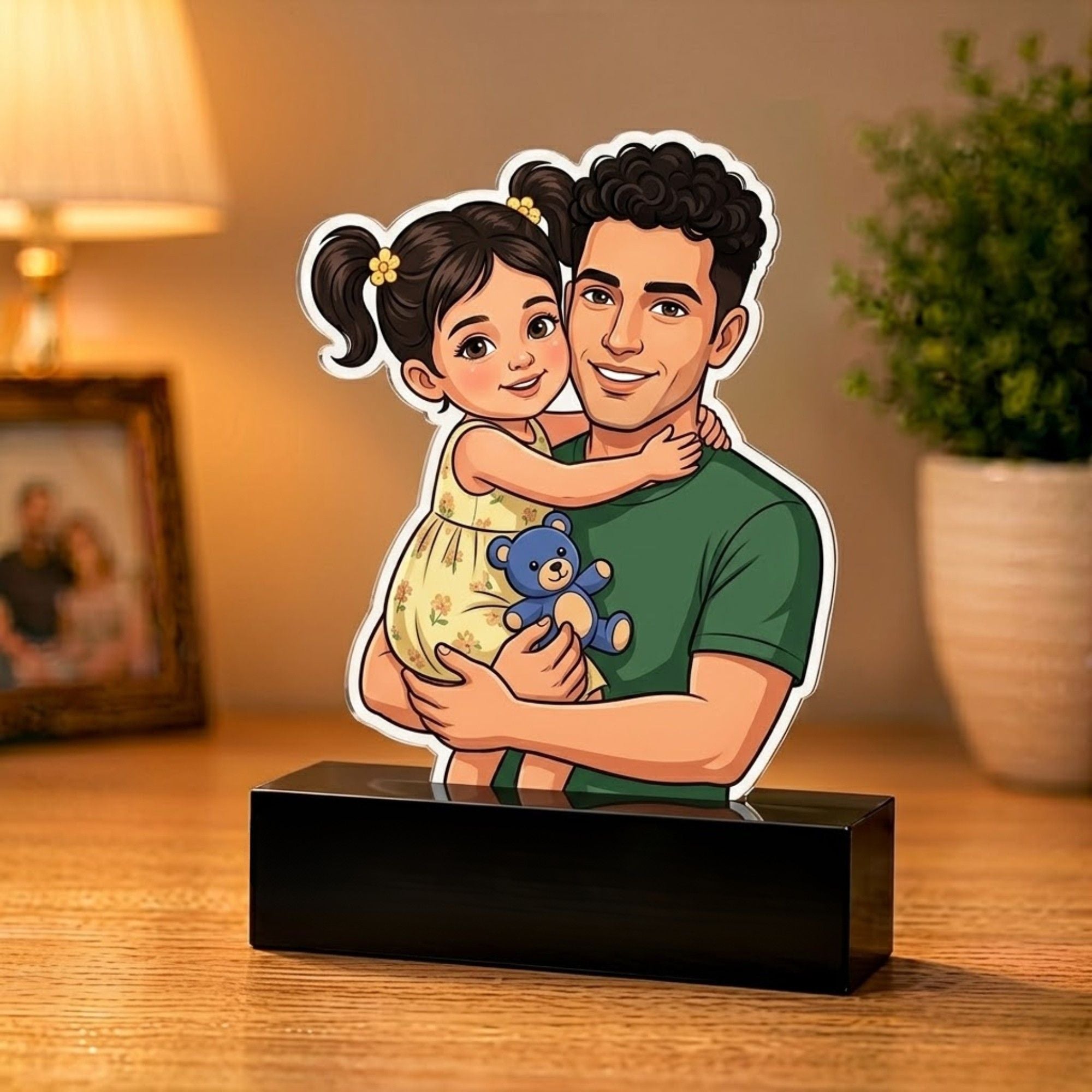 Shayona Gift shop-Personalized Father's Day Gift from Daughter, Custom Cartoon Acrylic Plaque, Unique Dad Birthday Gift, Custom Father and Daughter Portrait Plaque with Black Stand