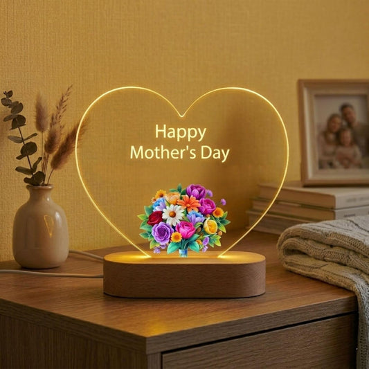 Shayona Gift Shop-Happy Mother’s Day LED Heart Lamp – Acrylic Night Light with Colorful Flower Design, Wooden Base Bedside Lamp, Warm Glow Decorative Light, Unique Gift for Mom, Mother’s Day Present, Home Décor Keepsake for Her