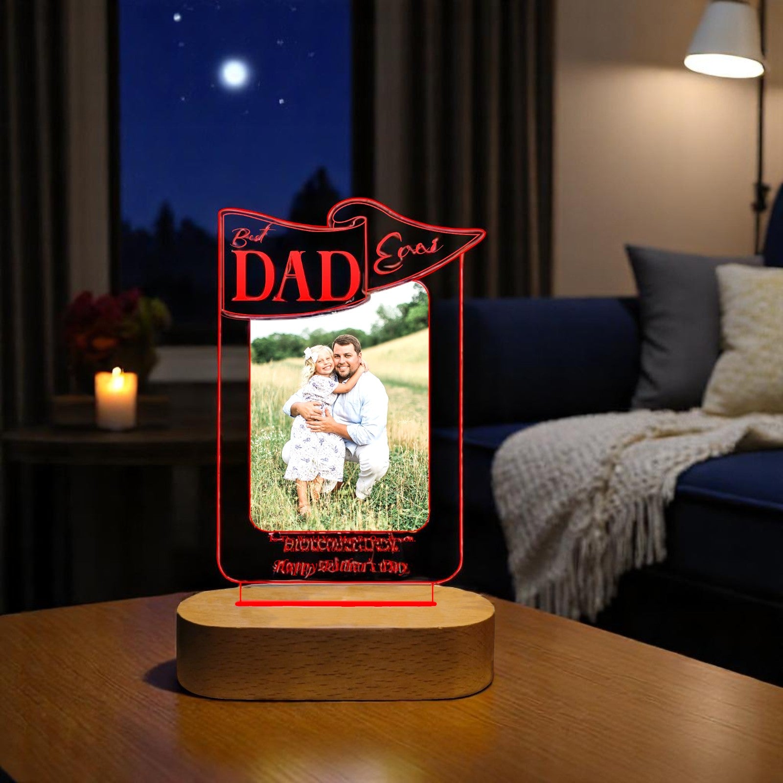 Best Dad Ever – Personalized LED Acrylic Lamp with Photo | Wooden Base | Father’s Day/Birthday Gift for Dad